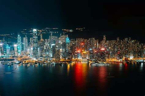 Night City Coast Aerial View Buildings Lights Hd Wallpaper Peakpx