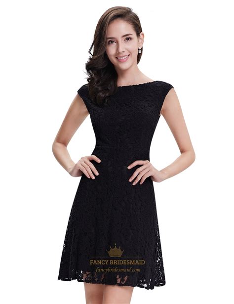 Elegant Black Lace Short Semi Formal Dresses With Cap Sleeves Fancy