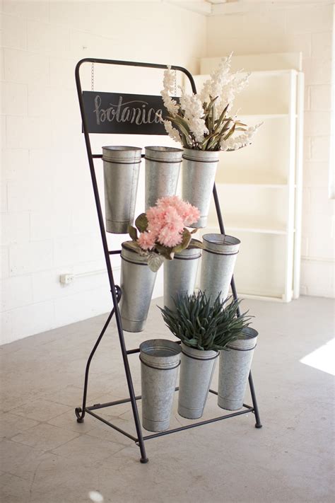 Flower Rack With Nine Galvanized Buckets Flower Shop Decor Metal Flowers Plant Stands Outdoor