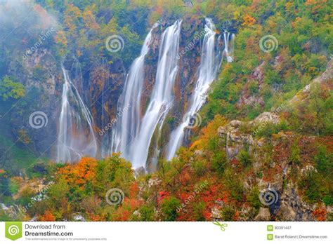Waterfall The Plitvice Lakes At Autumn Stock Image Image Of Freshness