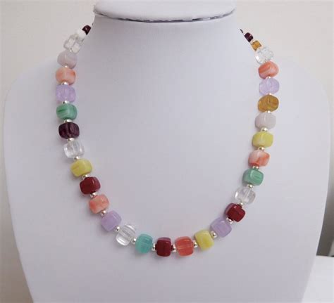 Multi Colour Glass Cube Beaded Necklace Colourful Necklace Etsy Beaded Necklace Pretty