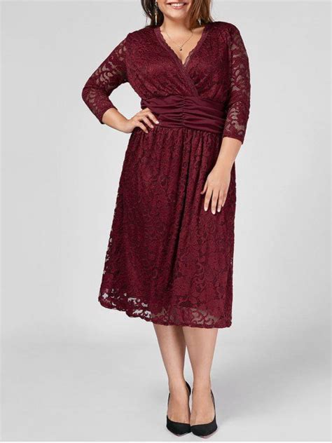 Ad Plus Size Empire Waist Sheer Lace Dress Wine Red Style Brief