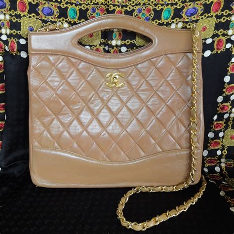Vintage Chanel Brown Lambskin Tote Purse Handbag With