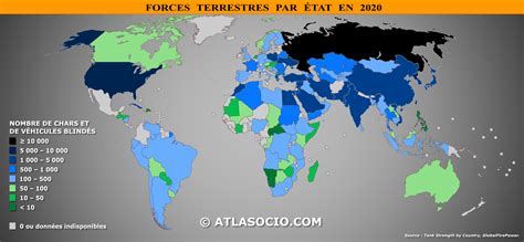 Carte du monde : forces terrestres (nombre de chars et ...