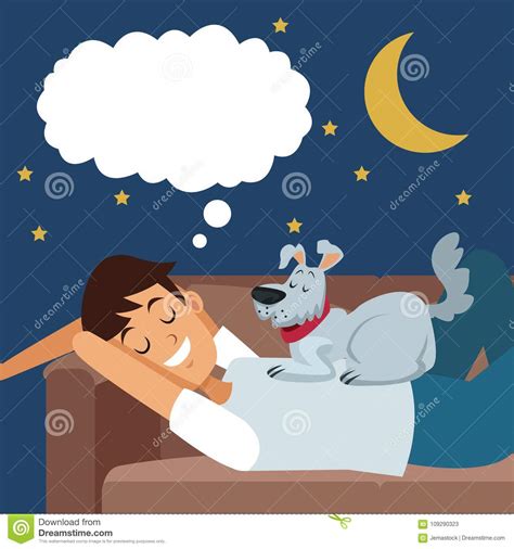 Colorful Scene Boy Dreaming In Sofa At Night With Dog Pet Over Stock