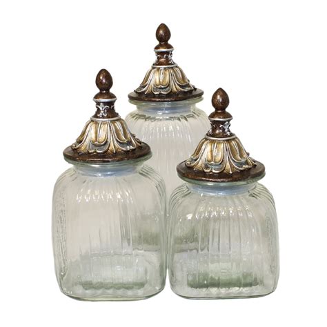 Urban Designs Baroque T 3 Piece Glass Canister Set Antique Gold Lids Colorclearfinish