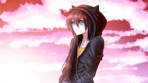 Brown Haired Girl Anime Character Wearing Black Hoodie And Earphones