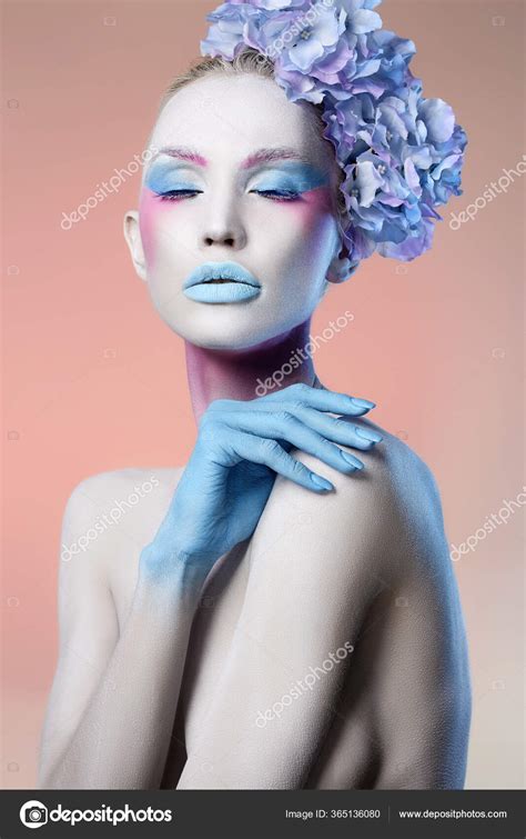 Beautiful Naked Girl Blue Flowers Art Make Fairy Beauty Young Stock