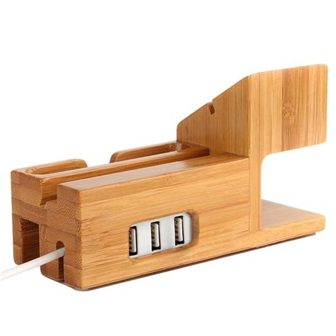 Bamboo Wood 3 Usb Ports Desk Stand Chargerusb Charging Station Holder