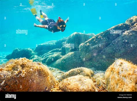 Woman Snorkeling Underwater Costa Smeralda Sardinia Island Italy
