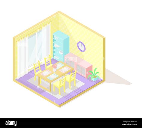 Vector Isometric Low Poly Cutaway Interior Illustartion Dining Room