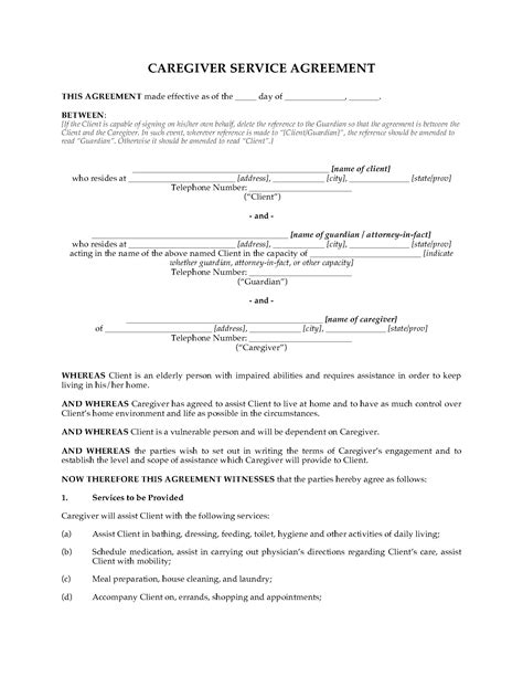 Printable Caregiver Agreement Caregiver Contract Template - Printable