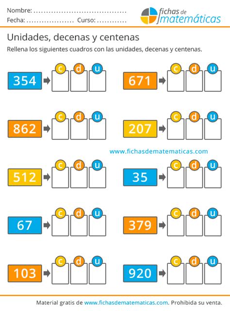 Cuando tenemos 10 decenas, es una centena. Unidades, Decenas y Centenas. Ejercicios para Imprimir【PDF】