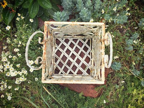 Vintage Chippy Rusted Wrought Iron Planter Metal Basket French Country