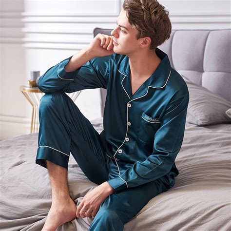 Faux Silk Pajamas Male 2019 Autumn New Silky Ice Silk Sleepwear Man