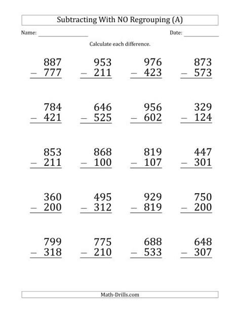 Navigate to any section of our site with subtraction worksheets. Large Print 3-Digit Minus 3-Digit Subtraction with NO ...