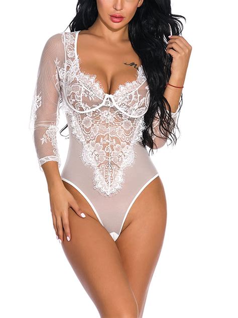 Lallc Women S Sexy Sheer Mesh Long Sleeve Bodysuit Lingerie Sleepwear