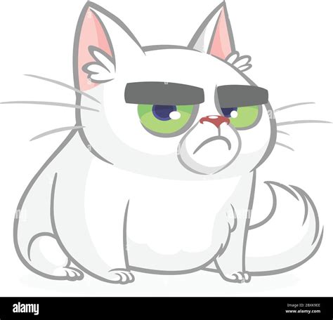 Cartoon Grumpy White Cat Cute Fat Cartoon Cat Illustration With A