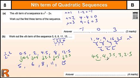 These are sequences where the term to term rule is a constant addition or subtraction. Nth term of a Quadratic Sequence, GCSE Maths revision Exam ...