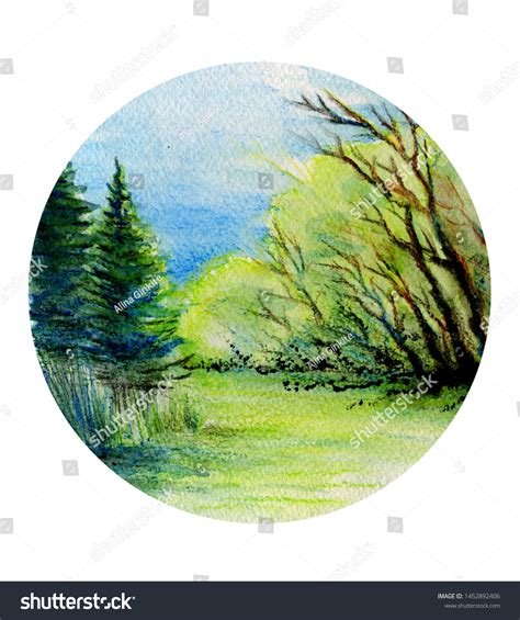 Watercolor Landscape Nature Circle Postcard Stock Illustration