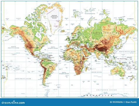 Mapa Del Mundo Físico Aislado En Blanco Con El Etiquetado Ilustración