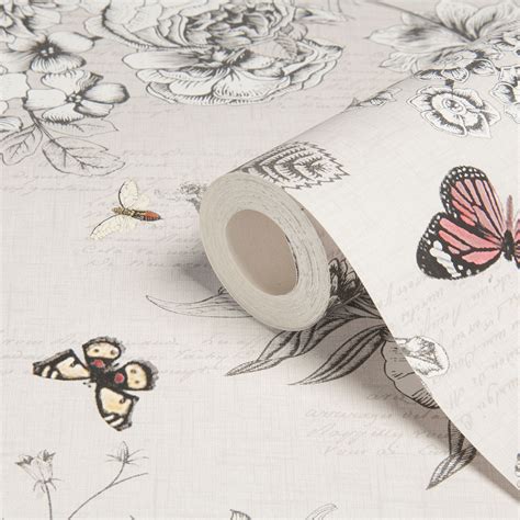 Graham And Brown Fresco Neutral Flowers Birds And Butterflies Wallpaper