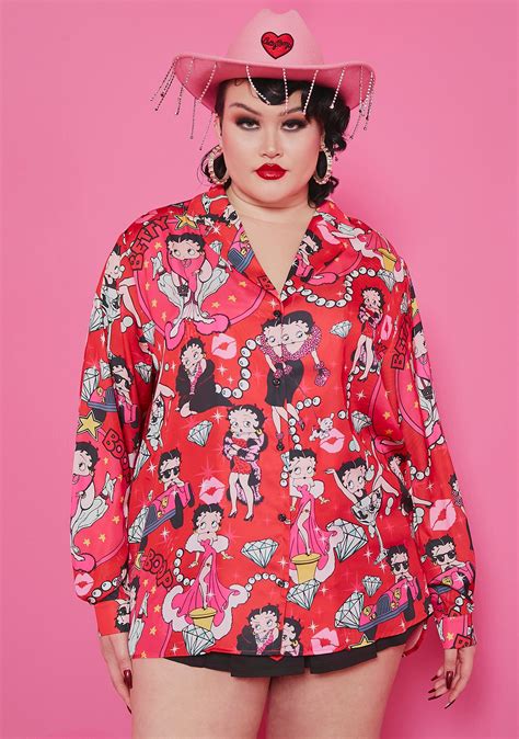 Betty Boop Plus Size Satin Collared Graphic Button Up Shirt Dress Red