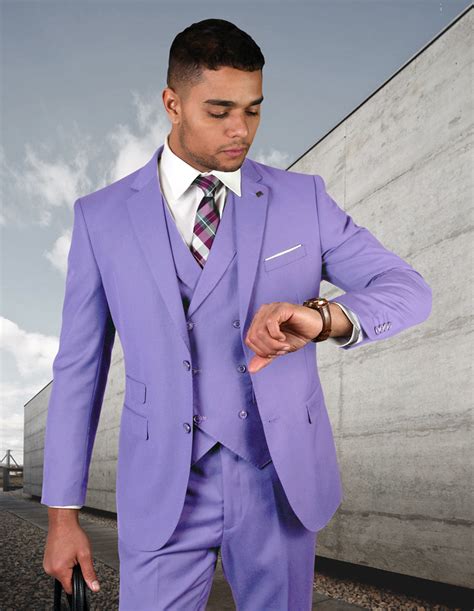 Statement Lavender 3pc 2 Button Solid Color Mens Suit With Double