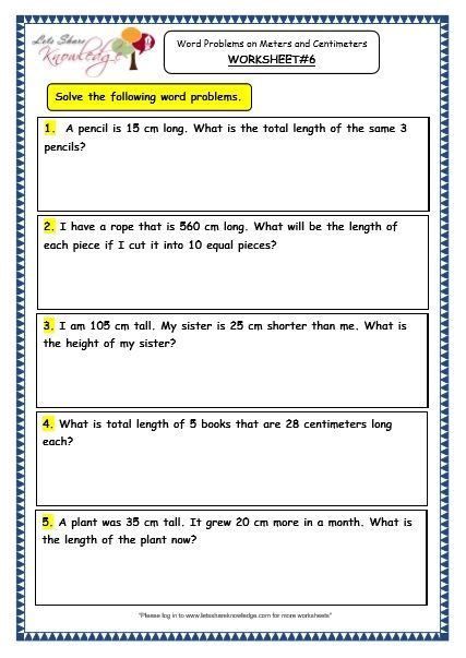 grade  maths worksheets  word problems  meters  centimeters