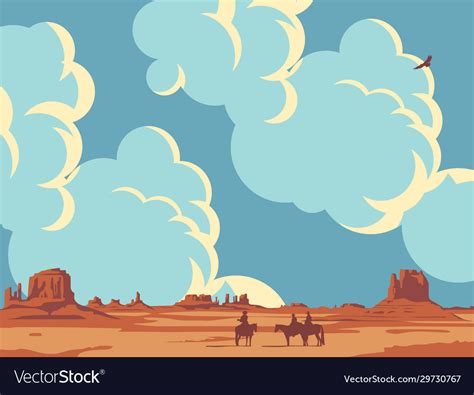 Landscape With Cloudy Sky And Cowboys Royalty Free Vector