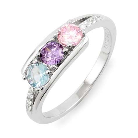 Petite 3 Stone Silver Birthstone Mothers Ring