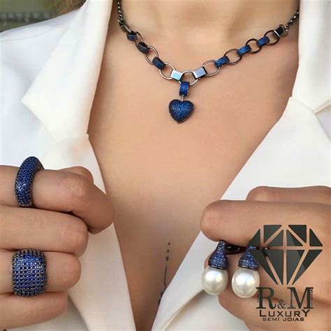 Conjunto Semijoias De Luxo Cravejado Azul Linha Premium Rm Luxury E