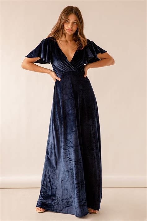 Navy Blue Maxi Dress Velvet Maxi Dress Flutter Sleeve Dress Lulus