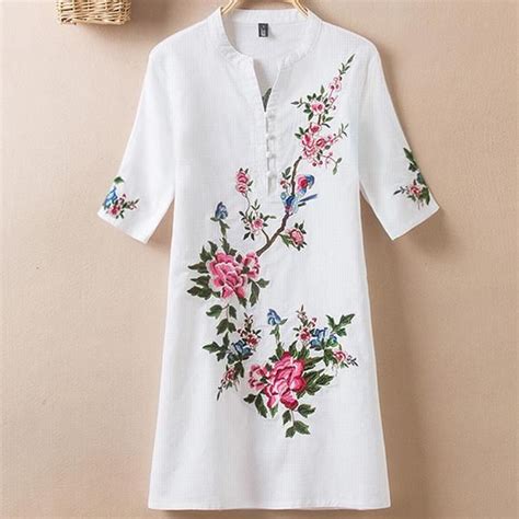 Summer Womens Tops And Blouses 2018 Embroidery Vintage Print Floral