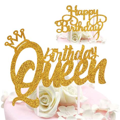 Buy Queen Birthday Cake Topper Gold Glitter Happy Birthday Cake Topper