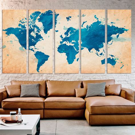 Extra Large Wall Art Watercolor Map World Photo Framed Canvas