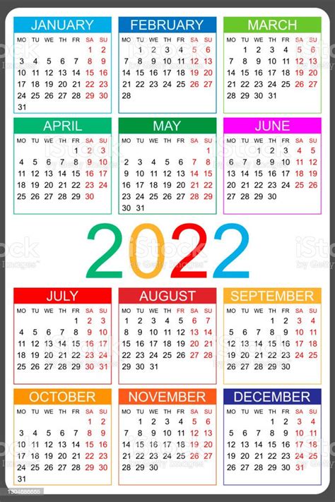 Calendar 2022 Yearly Week Starts On Monday Stock Illustration
