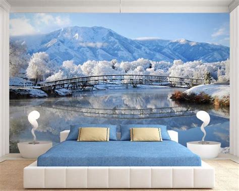 Beibehang Custom 3d Wallpaper Snow Lake Blue Sky Sky Bridge Hd Room 3d