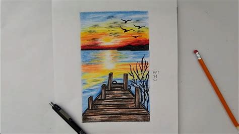 How To Draw A Beach Sunset With Colored Pencils Drawing Sunset Using