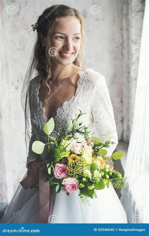 Attractive Beautiful Bride Holding Flowers Bouquet Stock Photo Image