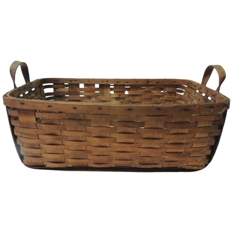 Antique Large Over Size Wooden Flat Woven Harvest Basket With Handles