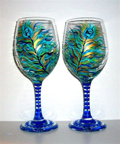 Peacock Feathers Peacock Blue Stem Hand Painted Set Of 2 20 Etsy Hand Painted Glassware