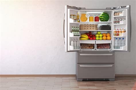 Open Fridge Refrigerator Full Of Food In The Empty Kitchen Interior