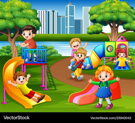 Happy Children Playing In The School Playground Vector Image