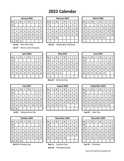 Yearly Printable Calendar 2022 With Holidays Free Calendar Template