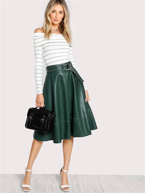 Faux Leather Belted Skirt Green Shein Sheinside