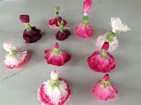 I recently posted a recipe for hollyhock salad dressing and promiced to make an… Hollyhock dolls ready for a dance? | Flower crafts, Crafts ...