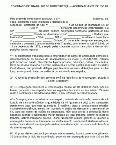 Modelo De Contrato De Trabalho De Empregado Doméstico Ou Doméstica Para