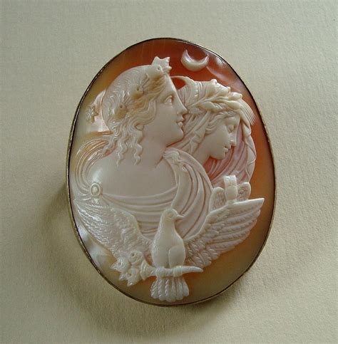 Large Victorian Carved Shell Cameo Brooch Of Day And Night From