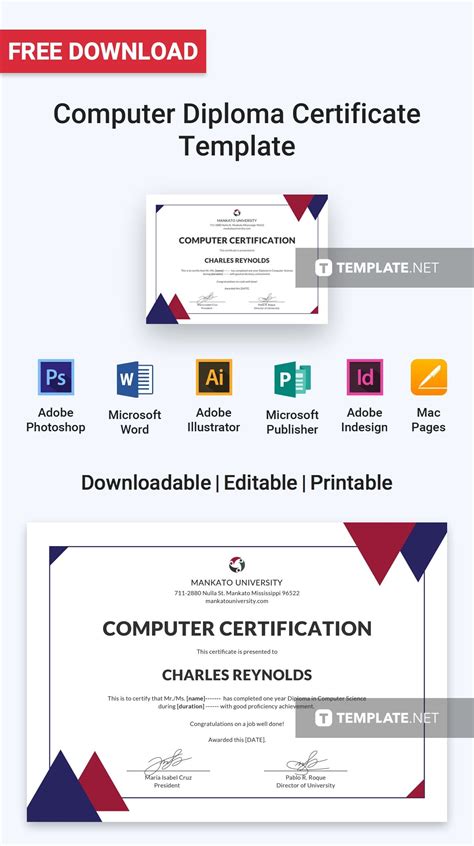 Computer Diploma Certificate Template Free  Illustrator